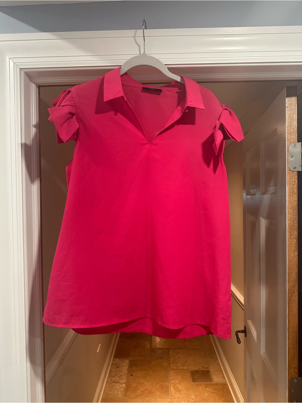 Tahari Hot Pink V-Neck Short Sleeve Blouse with Tie Sleeves